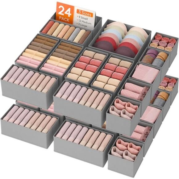 Drawer Organizer Set 24 Pack Clothes Closet Storage Bins Foldable Fabric Divider - Picture 1 of 7